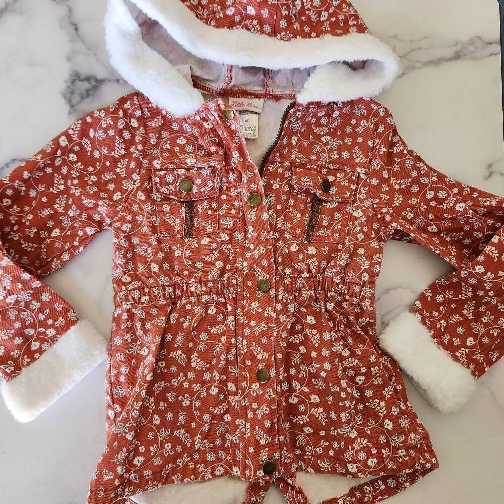 Little Lass girls 6x autumn floral burnt orange button up faux fur hooded jacket